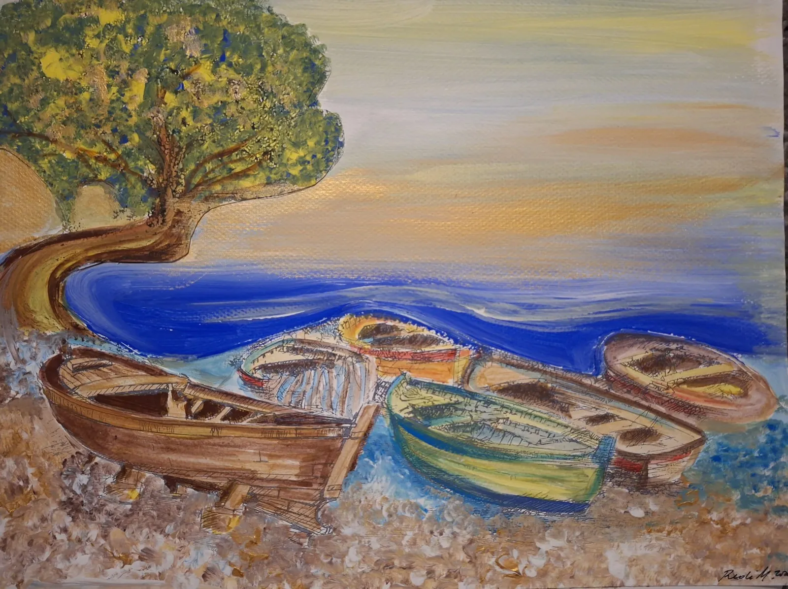 Boats drawn up on a pebble beach beneath the crown of an olive tree — Rudi Milat