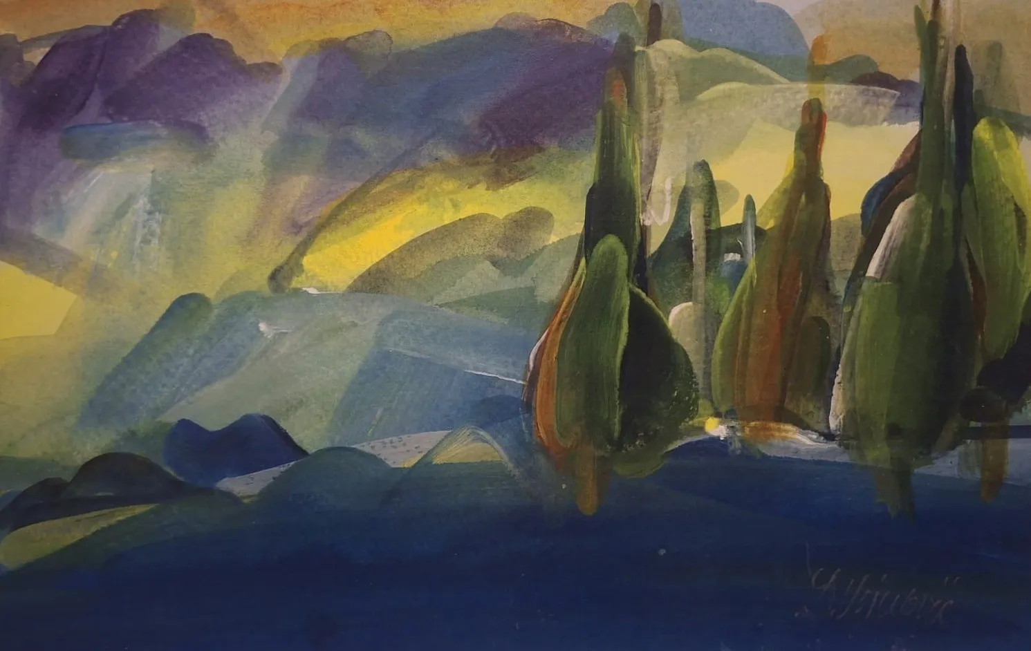 A group of cypresses before hills broken into rolling planes of blue, violet and yellow — Dubravka Vojnović