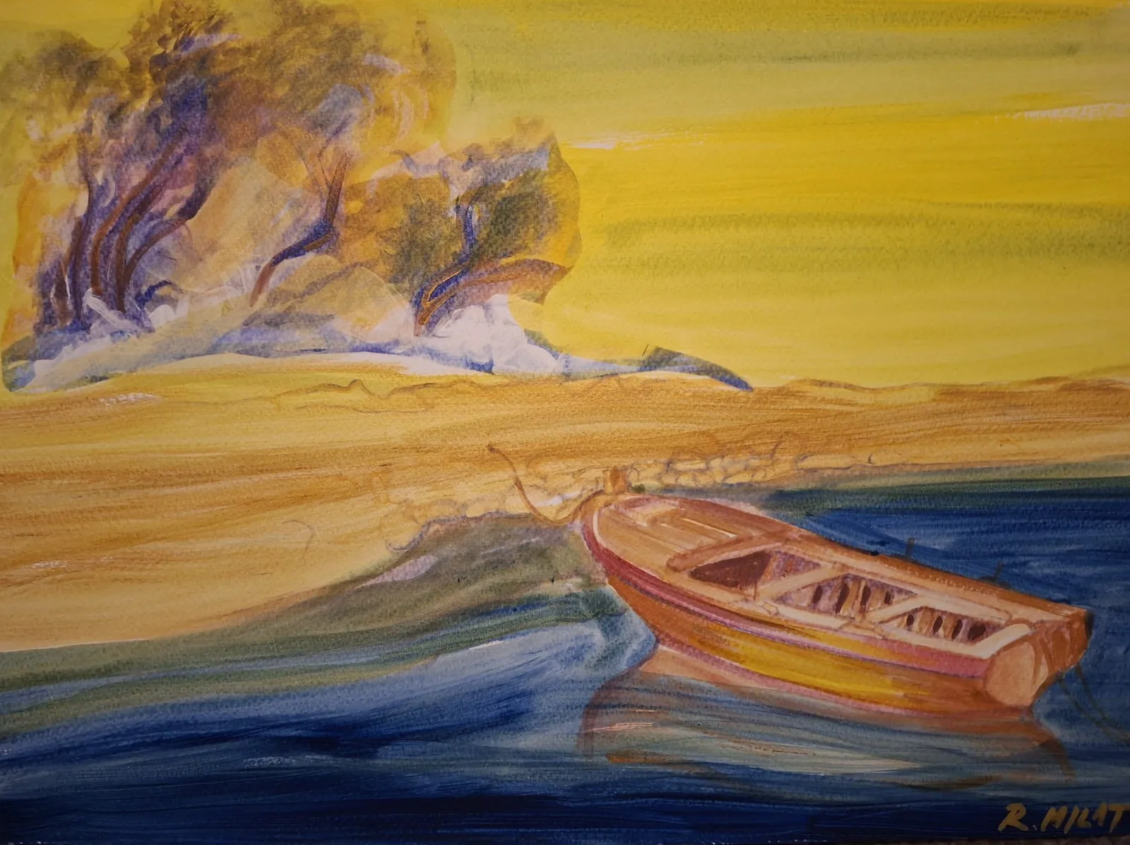 A gajeta on blue water beneath a blazing yellow sky — Rudi Milat
