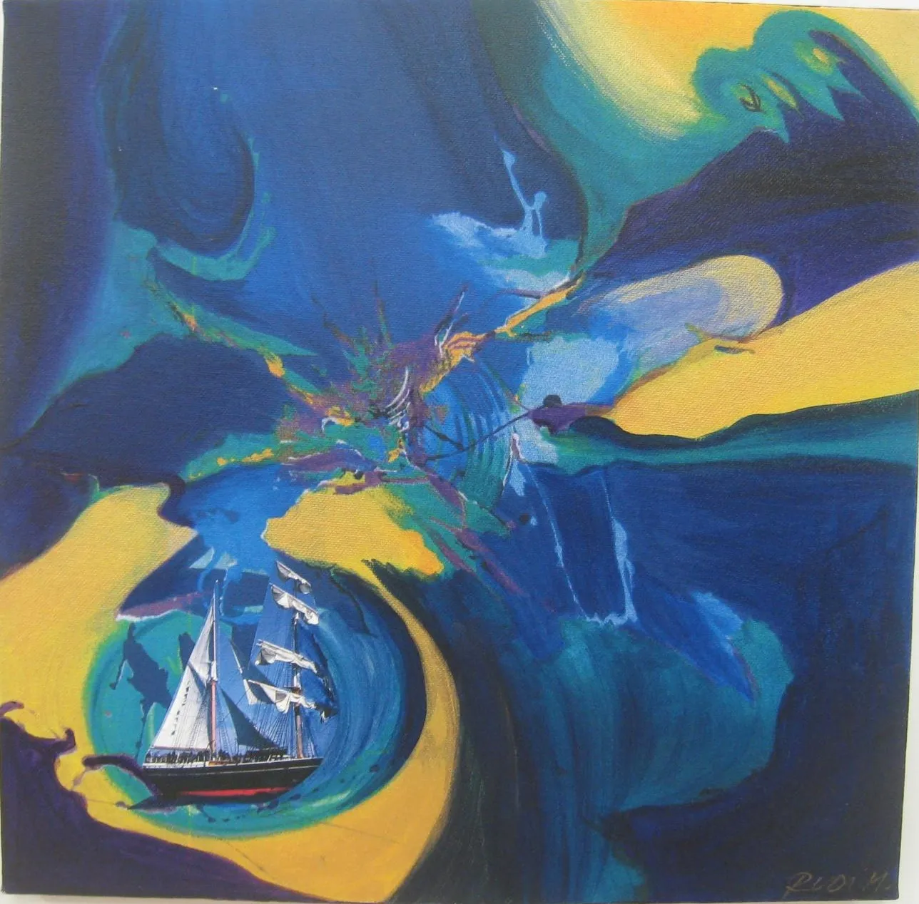 A tall ship in a whirl of deep blue and yellow — Rudi Milat