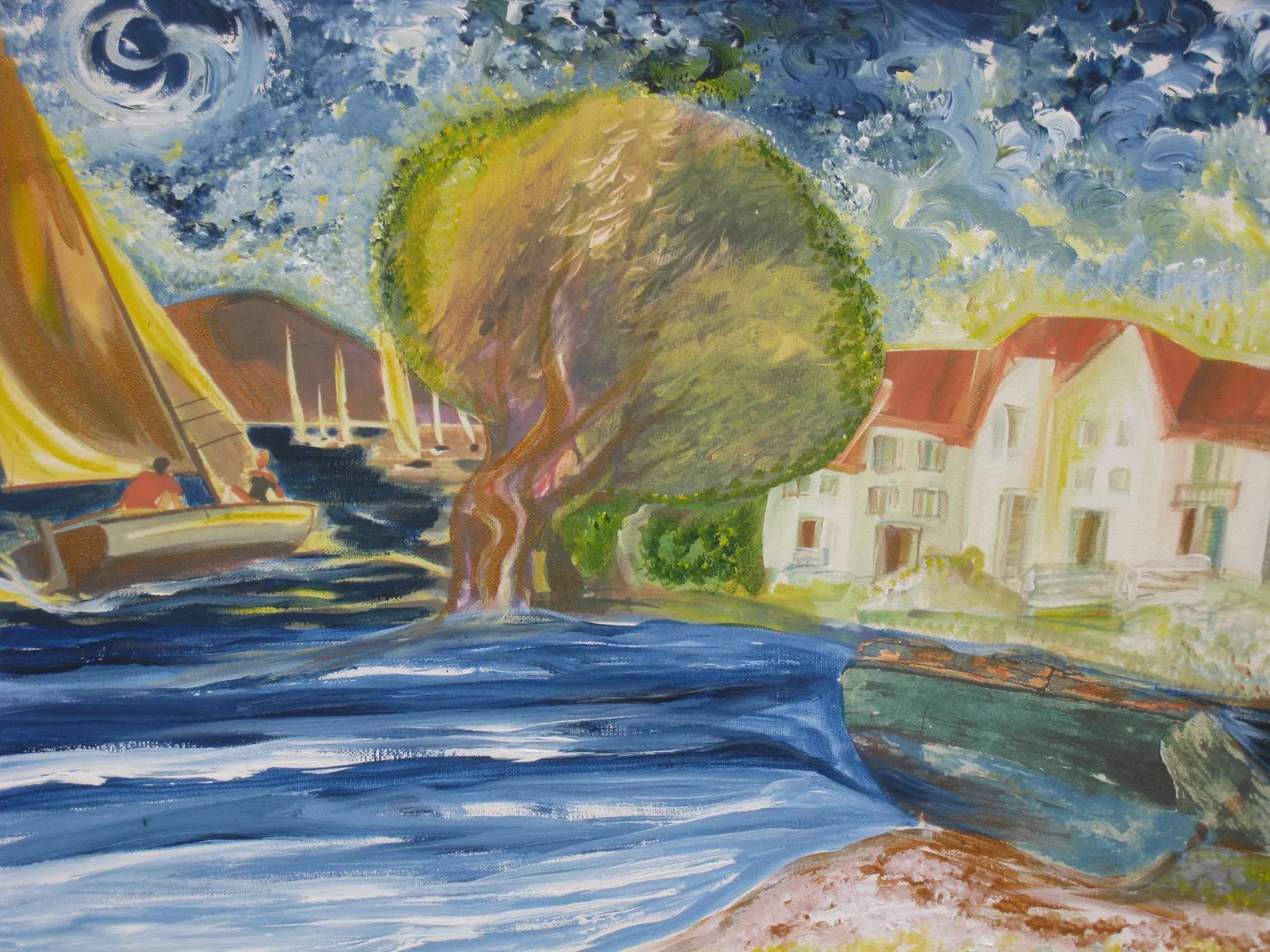 A sailing boat off a shore with an olive tree and white, red-roofed houses — Rudi Milat