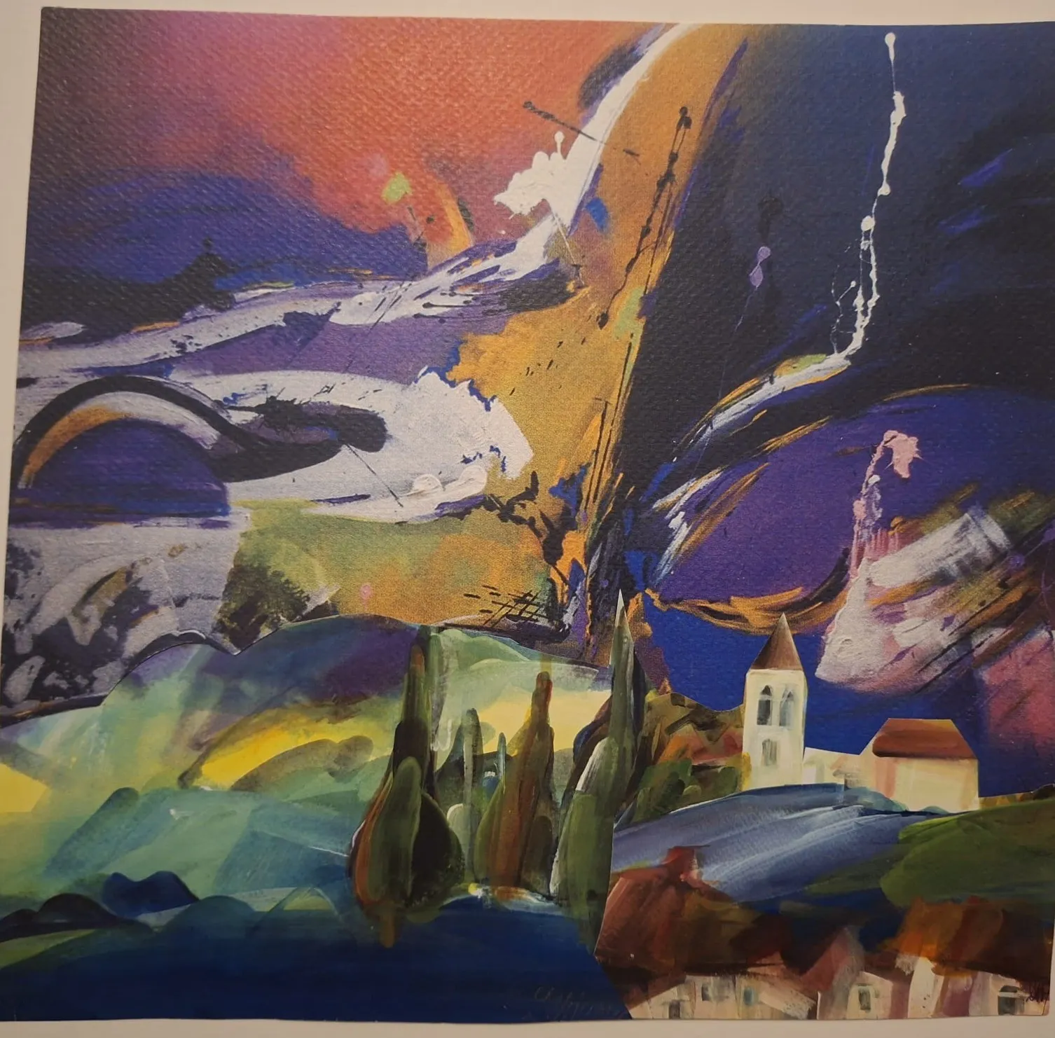 A landscape broken into bold, almost abstract planes of violet, blue and orange — Dubravka Vojnović