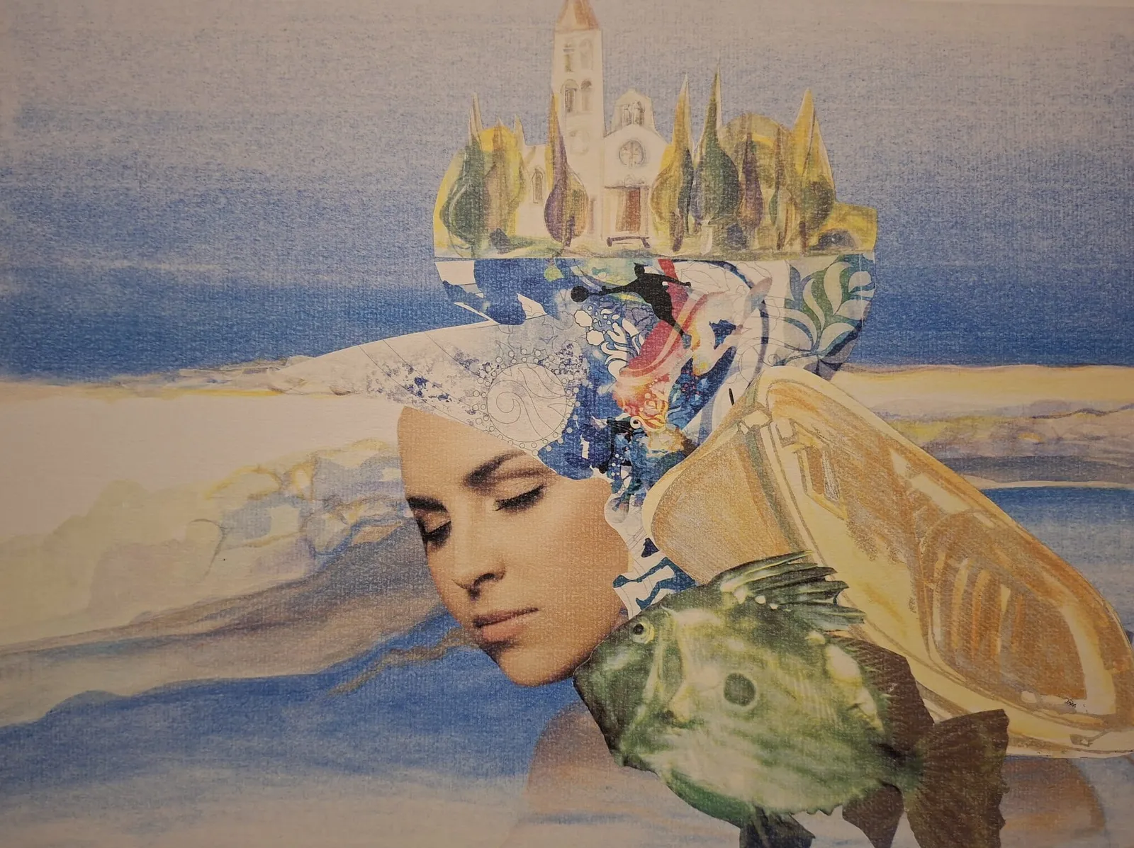 A woman with closed eyes, crowned by an island village and its bell tower — Rudi Milat