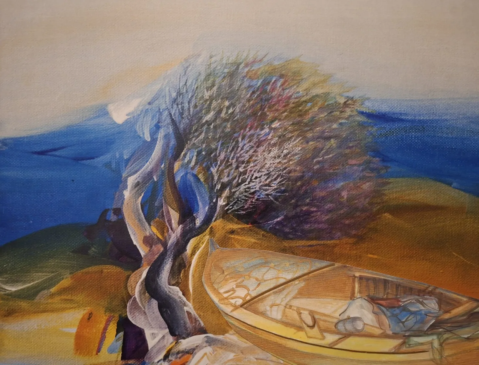 An old olive tree bent over a boat drawn up on the shore — Dubravka Vojnović