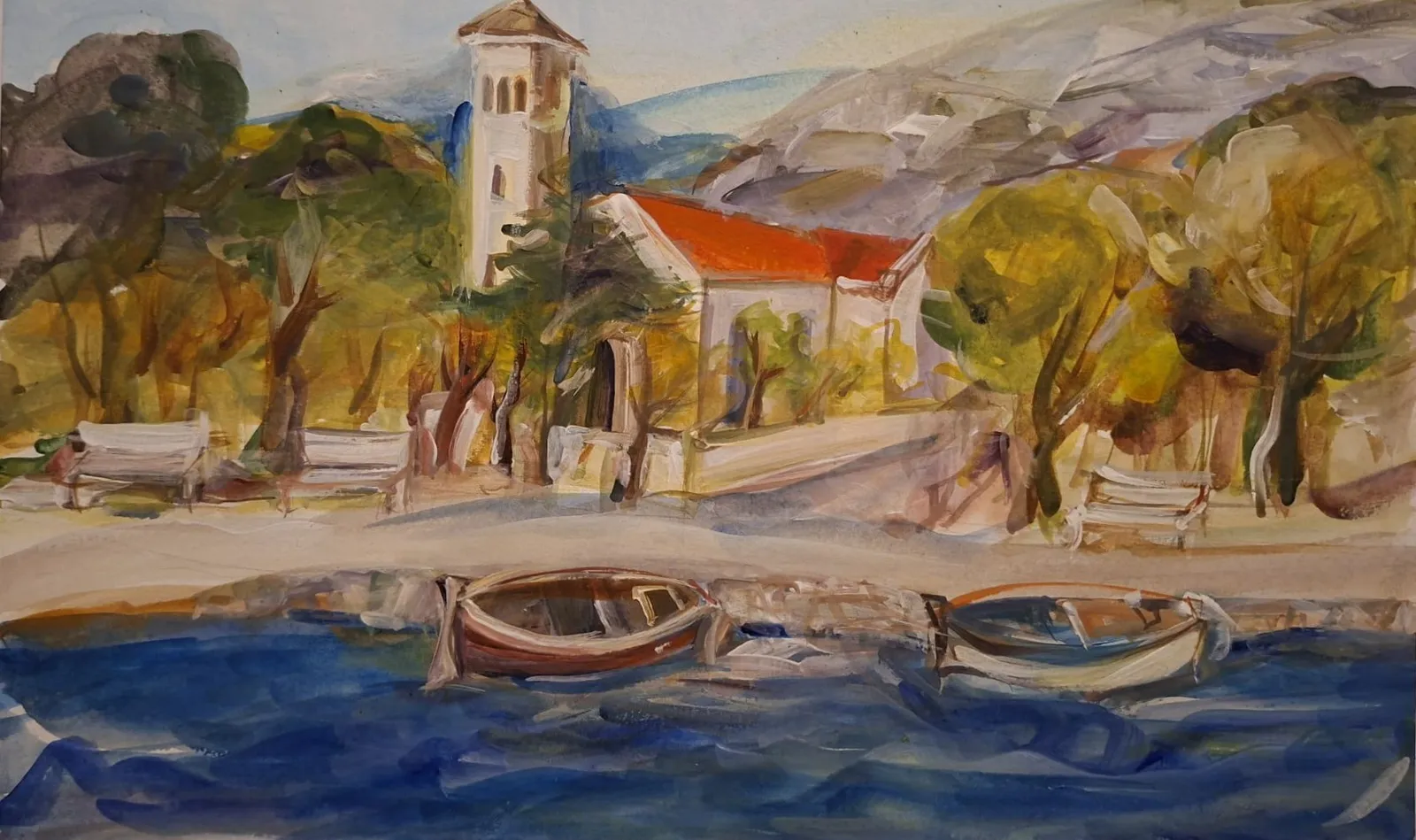 A waterfront promenade with benches and trees, a church with a bell tower and red roof — Rudi Milat