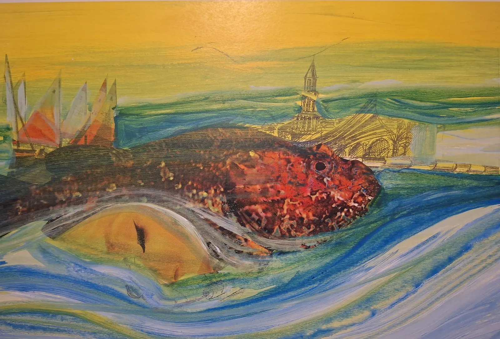 A red scorpionfish laid across a woman’s face in the waves — Rudi Milat