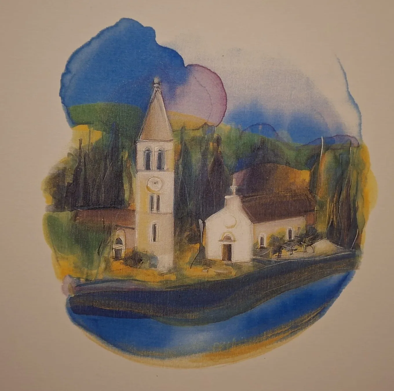 A church and bell tower among cypresses, framed by a loose watercolour bloom of blue and — Dubravka Vojnović